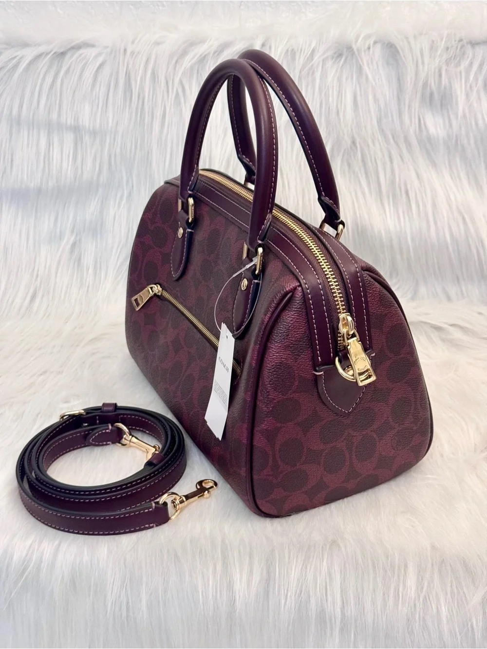 NWT Coach CV961 Rowan Satchel Bag In Signature Canvas Black Currant Color
